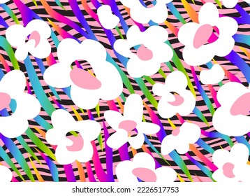 White abstract flowers on a background of stripes. Vector seamless pattern for printing on fabric and paper.