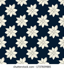 White abstract flowers on a dark, navy background. Arranged in rows alternately. Monochrome Graphics. Seamless illusion. Vector endless pattern. Fabric, wrapper, invitation card swatch.