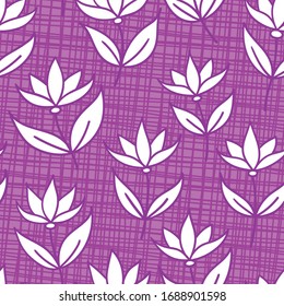 white abstract flowers on violet hand drawn grid. seamless pattern. textile design