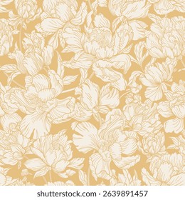 White abstract flowers on warm mustard yellow background. Elegant seamless floral pattern with hand-drawn peonies. Vintage botanical style, soft and timeless.