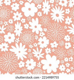 White abstract flowers seamless pattern.  Hippie flower repeat background. Ditsy pattern  for fabric or wallpaper design.