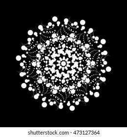 White abstract fractal, spiral, rotation, repeat reflection shape with black background for logo, design concepts, posters, banners, wallpapers, presentations, web and prints. Vector illustration.