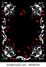 white abstract frame from floral elements on black background with red hearts