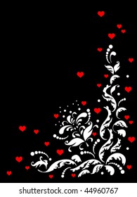 white abstract frame from floral elements on black background with red hearts