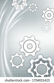 Engranajes abstractos blancos sobre fondo gris con rejilla técnica, efectos de puntos claros. Diseño moderno de portada corporativa, volante, banner, folleto, papel pintado. Ilustración del vector