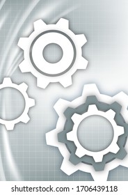 White abstract gears on a gray background with technical grid, light spot effects. Modern corporate cover design, flyer, banner, brochure, wallpaper. Vector illustration