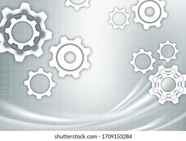 White abstract gears on a gray background with technical grid, light spot effects. Modern corporate cover design, flyer, banner, brochure, wallpaper. Vector illustration