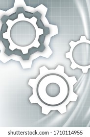 White abstract gears on a gray background with technical grid, light spot effects. Modern corporate cover design, flyer, banner, brochure, wallpaper. Vector illustration