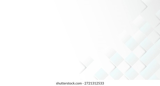 Weißer abstrakter geometrischer Hintergrund mit geschichteten quadratischen Formen und weichen Schatten, modernes und sauberes Design, für Technologie, Business und minimalistische Präsentationen. ESP10.