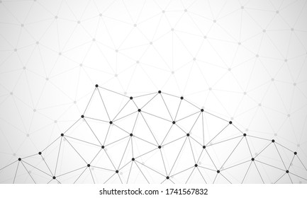 White abstract geometric background. Light technology background. Polygonal triangles backdrop. Wireframe network pattern. Connected black dots web banner template. Triangular grid line design