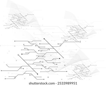 White abstract geometric dots and lines connection circuit concept.