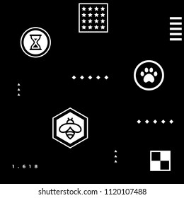White abstract geometric hipster pattern with simple shapes - paw, bee, stars, squares, 1,618 golden ratio, checkerboard, hourglass on black background