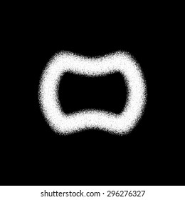 White abstract geometric shape, badge with film grain, noise, dotwork, grunge texture and black background for logo, design concepts, posters, banners, web and prints. Vector illustration.