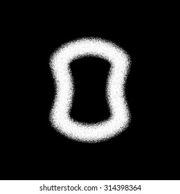 White abstract geometric shape, badge with film grain, noise, dotwork, grunge texture and black background for logo, design concepts, posters, banners, web and prints. Vector illustration.