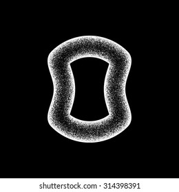 White abstract geometric shape, badge with film grain, noise, dotwork, grunge texture and black background for logo, design concepts, posters, banners, web and prints. Vector illustration.