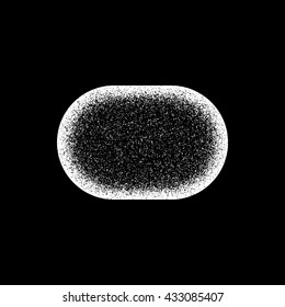 White abstract geometric shape, badge with film grain, noise, dotwork, grunge texture and black background for logo, design concepts, posters, banners, web and prints. Vector illustration.