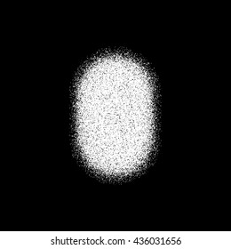White abstract geometric shape, badge with film grain, noise, dotwork, grunge texture and black background for logo, design concepts, posters, banners, web and prints. Vector illustration.