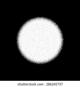 White abstract geometric shape, circle badge with film grain, noise, dotwork, grunge texture and black background for logo, design concepts, posters, banners, web, prints. Vector illustration.