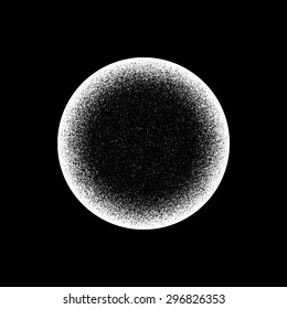 White abstract geometric shape, circle badge with film grain, noise, dotwork, grunge texture and black background for logo, design concepts, posters, banners, web, prints. Vector illustration.