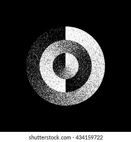 White abstract geometric shape, circle badge with film grain, noise, dotwork, grunge texture and black background for logo, design concepts, posters, banners, web, prints. Vector illustration.