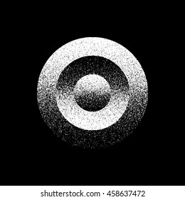 White abstract geometric shape, circle badge with film grain, noise, grunge texture and black background for logo, design concepts, posters, banners, web, prints. Vector illustration.