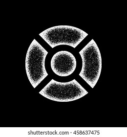 White abstract geometric shape, circle badge with film grain, noise, grunge texture and black background for logo, design concepts, posters, banners, web, prints. Vector illustration.