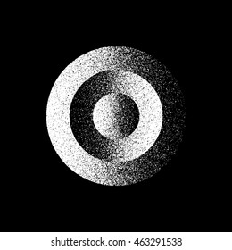 White abstract geometric shape, circle badge with film grain, noise, grunge texture and black background for logo, design concepts, posters, banners, web, prints. Vector illustration.