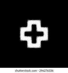 White abstract geometric shape, cross badge with film grain, noise, dotwork, grunge texture and black background for logo, design concepts, posters, banners, web and prints. Vector illustration.