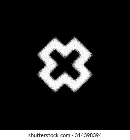 White abstract geometric shape, cross badge with film grain, noise, dotwork, grunge texture and black background for logo, design concepts, posters, banners, web and prints. Vector illustration.
