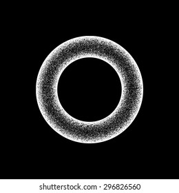 White abstract geometric shape, donut, ring badge with film grain, noise, dotwork, grunge texture and black background for logo, design concepts, posters, banners, web, prints. Vector illustration.