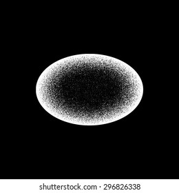 White abstract geometric shape, ellipse, oval badge with film grain, noise, dotwork, grunge texture and black background for logo, design concepts, posters, banners, web, prints. Vector illustration.