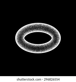 White abstract geometric shape, ellipse, oval badge with film grain, noise, dotwork, grunge texture and black background for logo, design concepts, posters, banners, web, prints. Vector illustration.