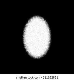 White abstract geometric shape, ellipse, oval badge with film grain, noise, dotwork, grunge texture and black background for logo, design concepts, posters, banners, web, prints. Vector illustration.