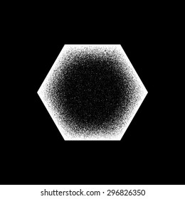 White abstract geometric shape, polygon, hex badge with film grain, noise, dotwork, grunge texture and black background for logo, design concepts, posters, banners, web and prints. Vector illustration