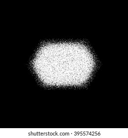 White abstract geometric shape, polygon, hex badge with film grain, noise, grunge texture and black background for design concepts, posters, banners, web and prints. Vector illustration