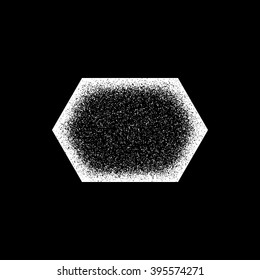 White abstract geometric shape, polygon, hex badge with film grain, noise, grunge texture and black background for design concepts, posters, banners, web and prints. Vector illustration