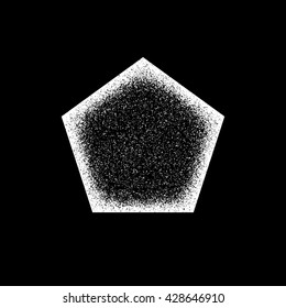 White abstract geometric shape, polygon, hex badge with film grain, noise, dotwork, grunge texture and black background for logo, design concepts, posters, banners, web and prints. Vector illustration
