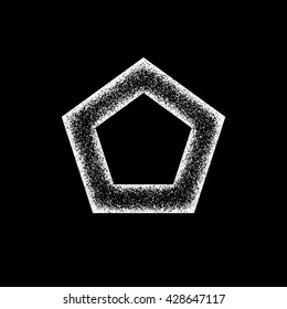 White abstract geometric shape, polygon, hex badge with film grain, noise, dotwork, grunge texture and black background for logo, design concepts, posters, banners, web and prints. Vector illustration