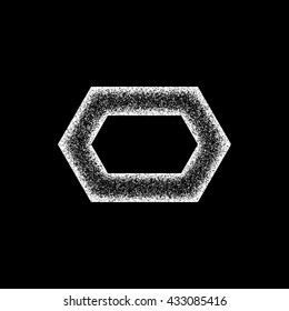 White abstract geometric shape, polygon, hex badge with film grain, noise, dotwork, grunge texture and black background for logo, design concepts, posters, banners, web and prints. Vector illustration