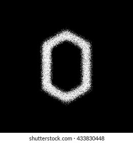 White abstract geometric shape, polygon, hex badge with film grain, noise, dotwork, grunge texture and black background for logo, design concepts, posters, banners, web and prints. Vector illustration