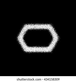 White abstract geometric shape, polygon, hex badge with film grain, noise, dotwork, grunge texture and black background for logo, design concepts, posters, banners, web and prints. Vector illustration