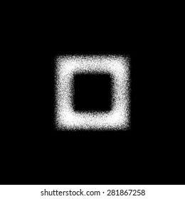 White abstract geometric shape, square badge with film grain, noise, dotwork, grunge texture and black background for logo, design concepts, posters, banners, web and prints. Vector illustration.