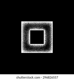 White abstract geometric shape, square badge with film grain, noise, dotwork, grunge texture and black background for logo, design concepts, posters, banners, web and prints. Vector illustration.
