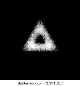 White abstract geometric shape, triangle badge with film grain, noise, dotwork, grunge texture and black background for logo, design concepts, posters, banners, web, prints. Vector illustration.