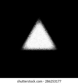 White abstract geometric shape, triangle badge with film grain, noise, dotwork, grunge texture and black background for logo, design concepts, posters, banners, web, prints. Vector illustration.