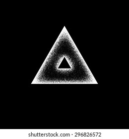 White abstract geometric shape, triangle badge with film grain, noise, dotwork, grunge texture and black background for logo, design concepts, posters, banners, web, prints. Vector illustration.