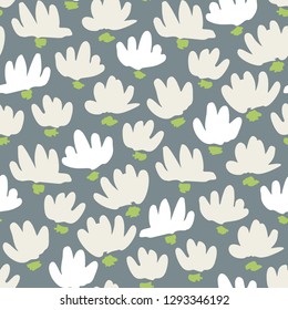 White Abstract Gestural Flower Head Vector Seamless Pattern. Simple Clean Floral Backrgound. Snowdrop, Lily