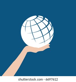 A white abstract globe is held in a hand against a blue background