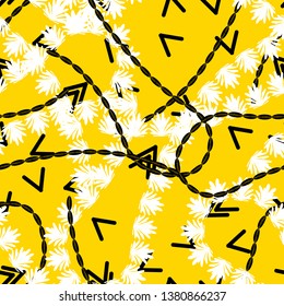 white abstract leaves with chains and white figures on a yellow background
