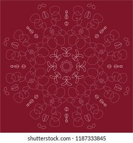 white abstract linear rosette abstract openwork linear white futuristic ornament on an claret background